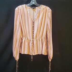 Velvet Heart Large Long Sleeve Button Up Blouse Vertical Hearts Pattern Pink